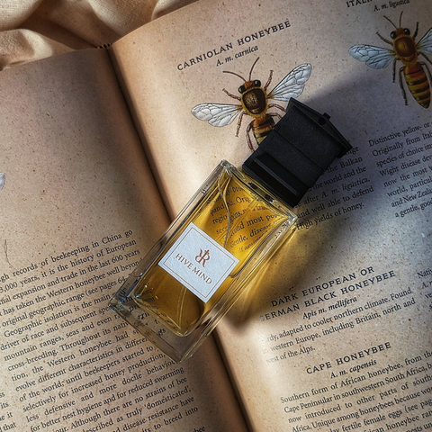 Hive Mind sitting on top of a book which has illustrations of Honey Bees in it.