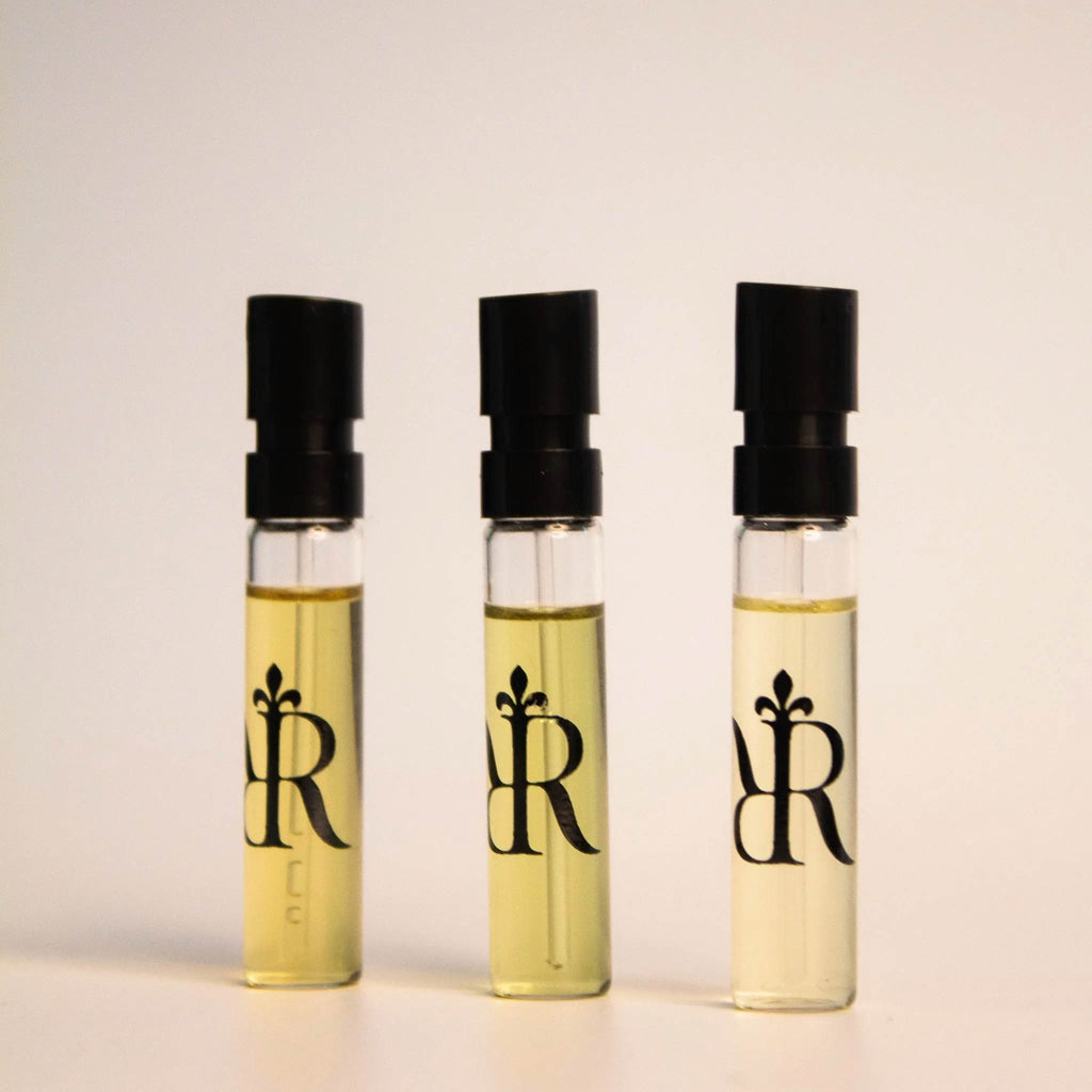 three 2ml niche perfume sample vials of the Autobiographical collection by Redolescent